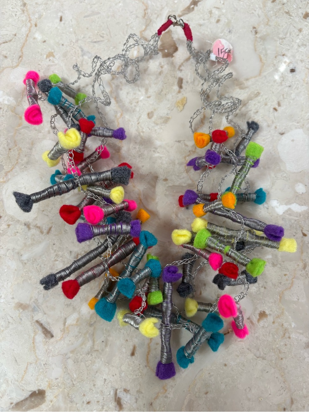 Multicolor Pom-Puff Statement Necklace with Silver-Tone Chain